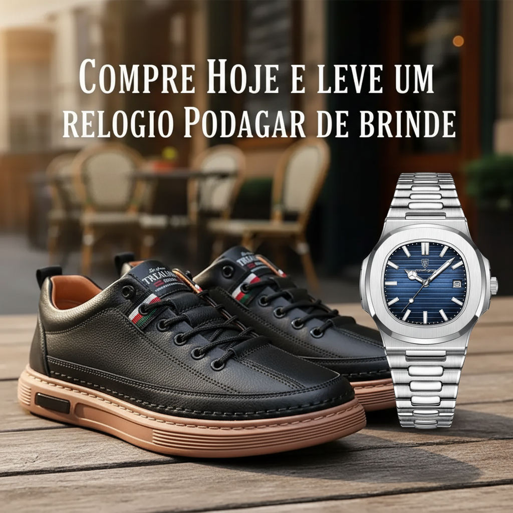 Tênis Casual Italian™ - de couro Legitimo + Relogio de Brinde