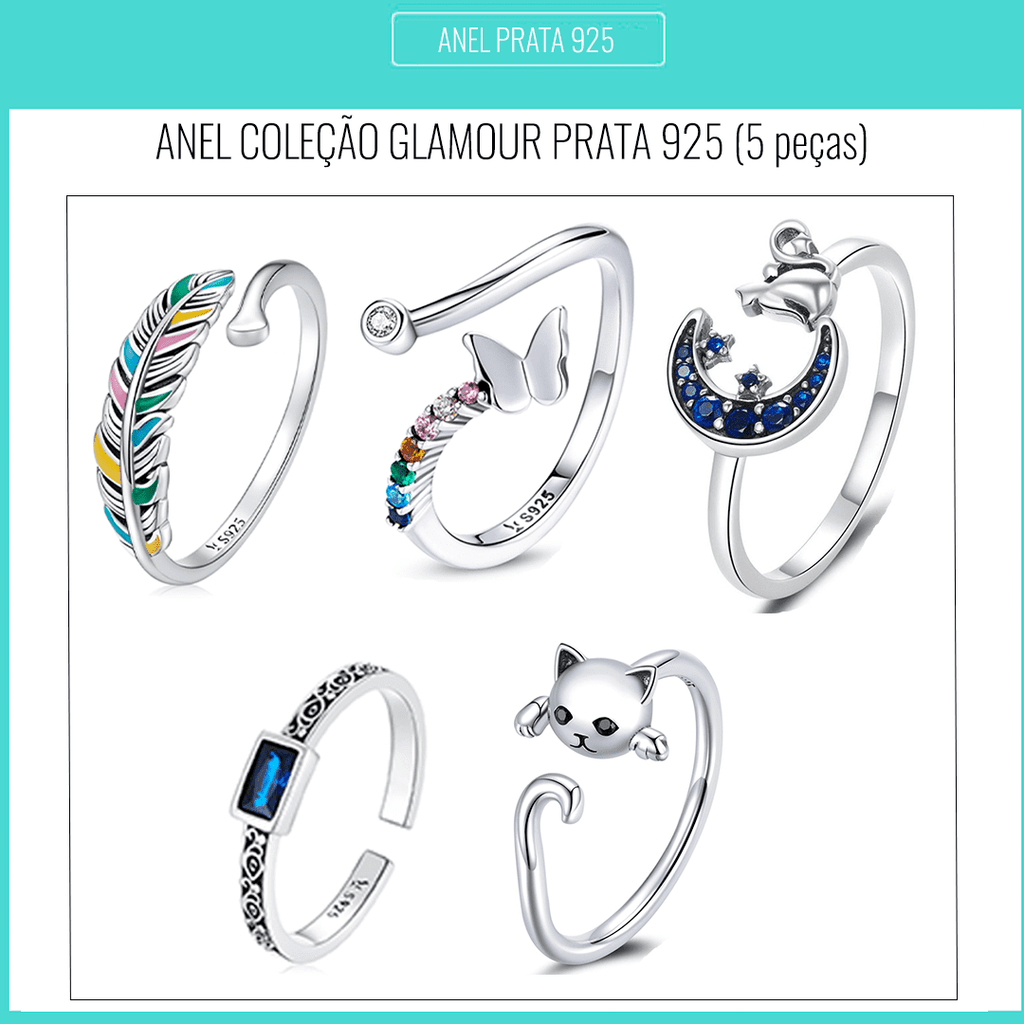 Conjunto Com  5 Anéis de Prata Glamour