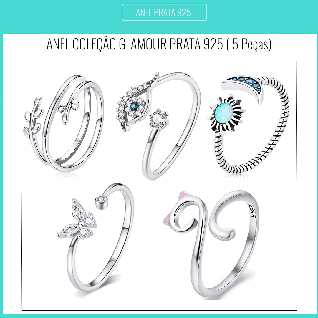 Conjunto 5 Anéis de Prata 925  Glamour