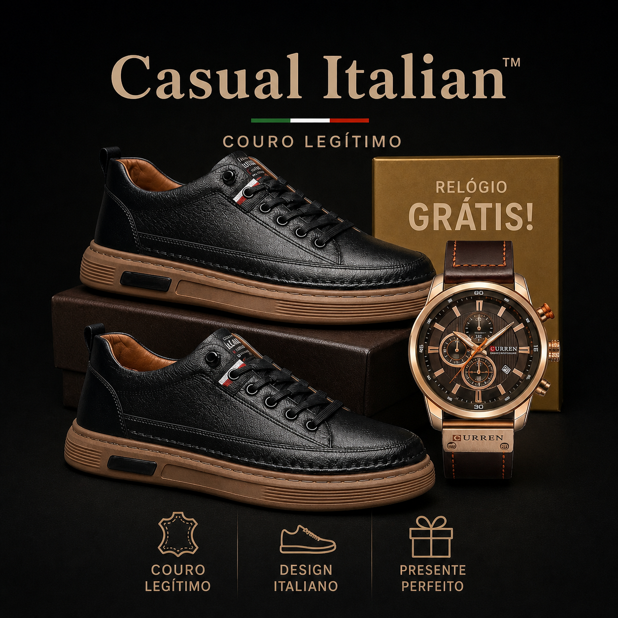 Tênis Casual Italian™ - de couro Legitimo + Relogio de Brinde