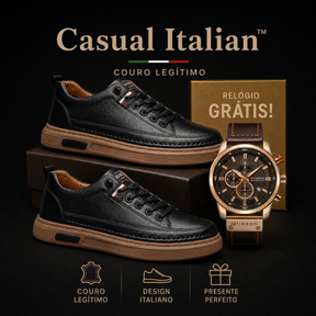 Tênis Casual Italian™ - de couro Legitimo + Relogio de Brinde