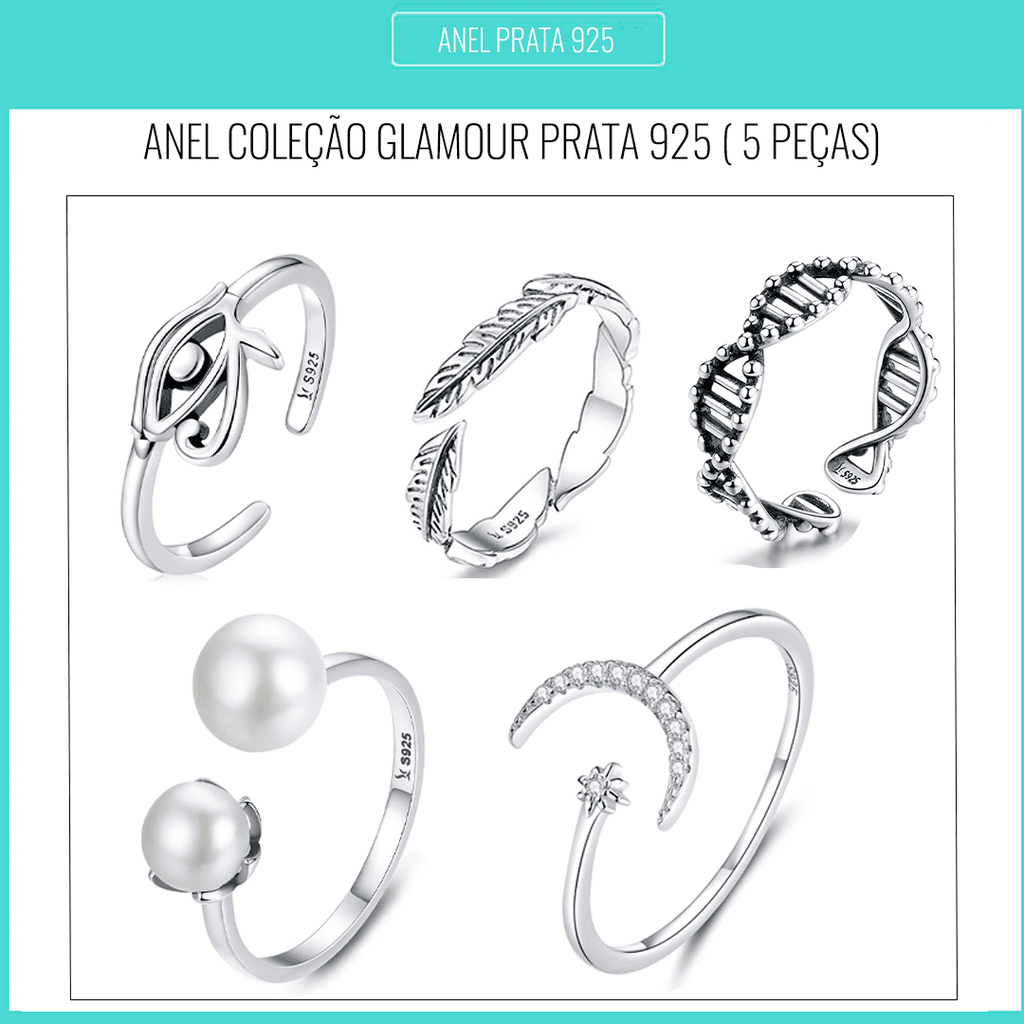 Conjunto Glamour Com 5 Anéis de Prata