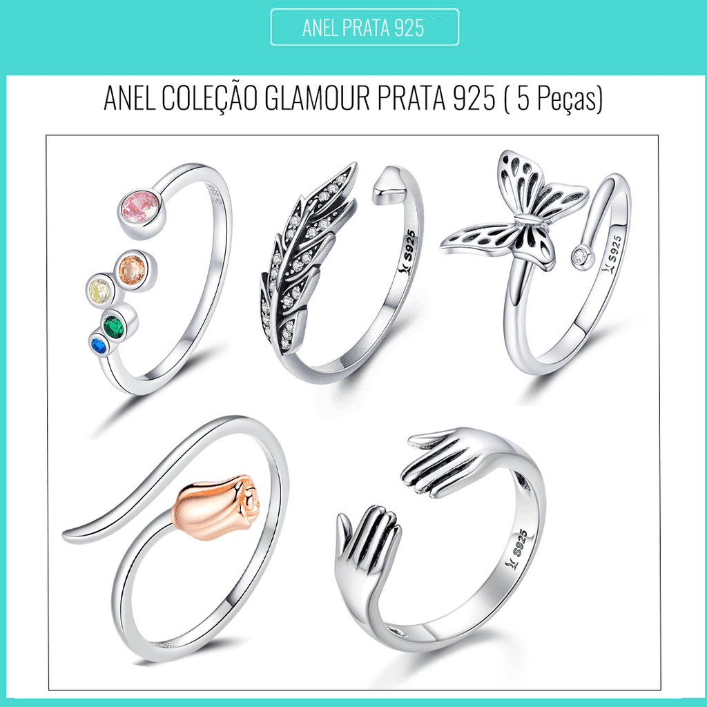 Conjunto Glamour Com 5 Anéis de Prata