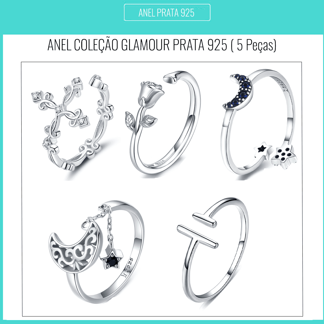 Conjunto Glamour Com 5 Anéis de Prata